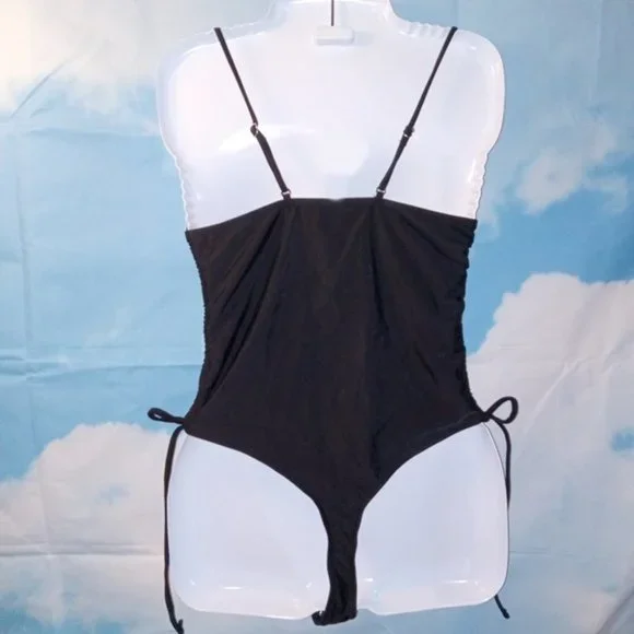 Black One-piece Bandeau Top Monokini Thong Bottom Swimsuit NEW - Picture 4 of 5
